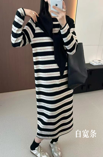 A403新款秋季宽松条纹配围巾2件套百搭圆领T恤女套头针织连长裙