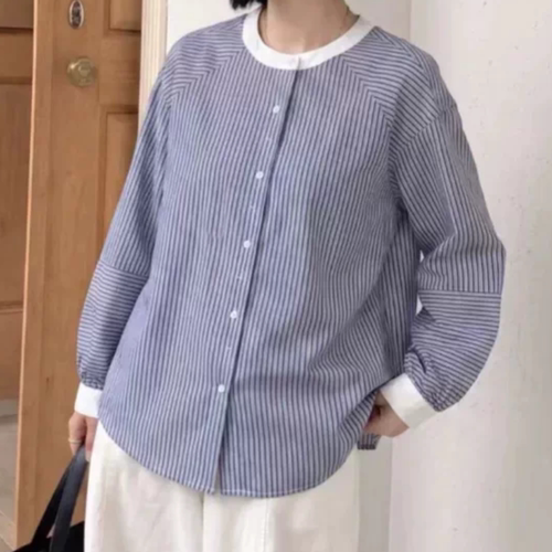 B233秋季女女长袖宽松衬衫圆领拼色条纹全mian衬衫女6017