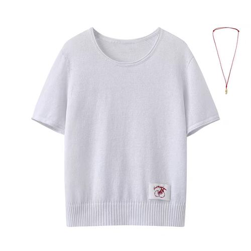 B554针织衫 女装夏季新款圆领贴布项链百搭宽松休闲短袖上衣T恤