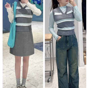 D343针织马夹新款 通勤简约撞色条纹v领针织背心马甲女 春装