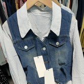 拼接牛仔马甲两件休闲时尚 A943长袖 条纹衬衫 女外套