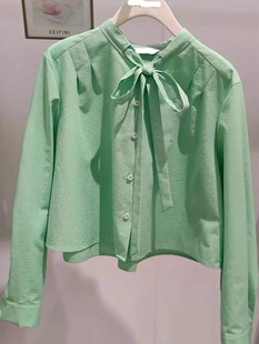 D453 设计感绣花系带领绿色薄荷曼波显瘦百搭衬衫