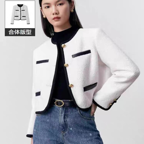 D655小香风外套新款圆领撞色包边植绒亮丝金扣加棉保暖 上衣0.74