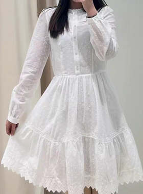 E753春季新款通勤百搭圆领长袖提花绣花棉布连衣裙女