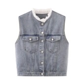 圆领马夹上衣 超好看花边无袖 B303影系 蓝色复古牛仔马甲女款