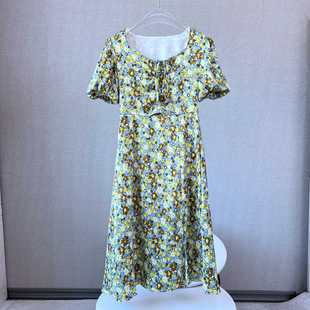 碎花连衣裙女 夏季 收腰显瘦开叉 方领抽绳系带泡泡袖 E644 时尚