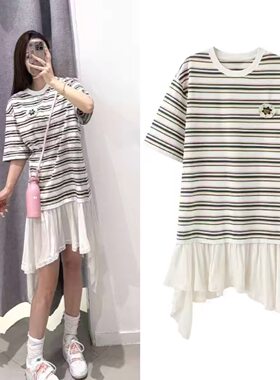 D723 清仓舒适柔软休闲条纹连衣裙女新款宽松不规则拼接荷叶边