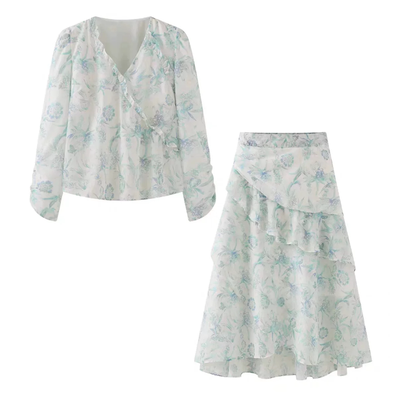 A452新款气质V领荷叶边雪纺衬衫中长款a字半身裙两件套装