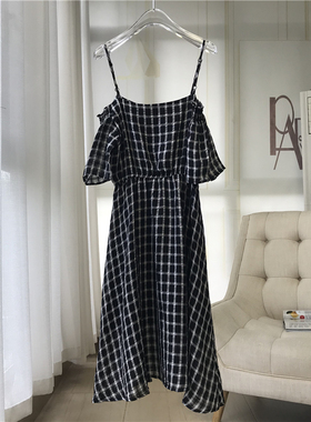 包邮黑白格子复古连衣裙夏季 收腰a字少女吊带裙 D602