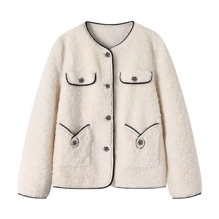 羊羔毛短外套 法式 B334 小香风米色颗粒毛绒外套女秋冬新款