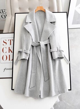 E512时髦大翻领风衣式气质显瘦中长款双面呢大衣女