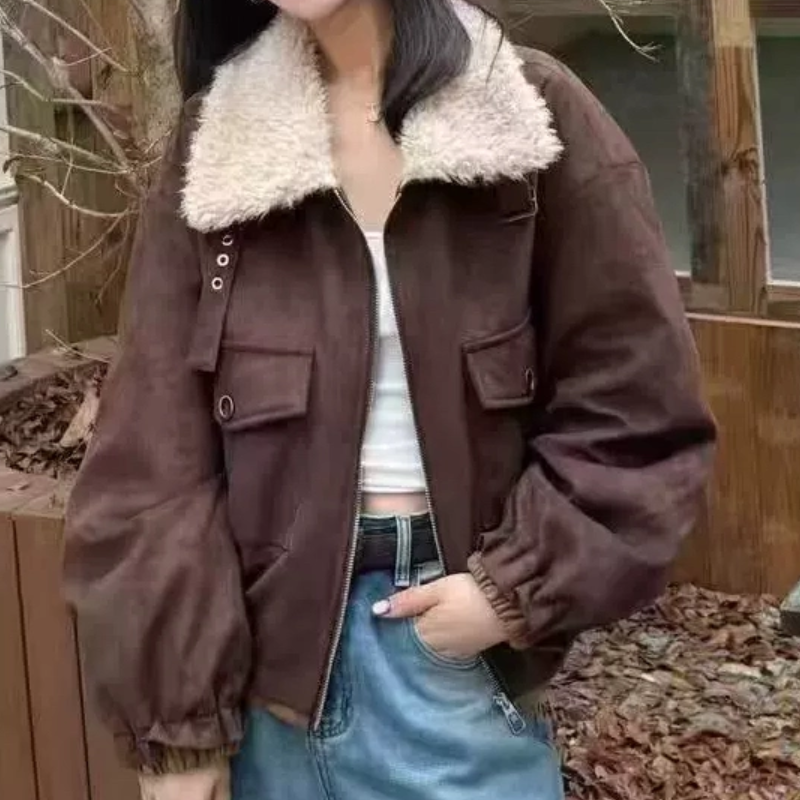 A563冬季新款韩版时尚百搭翻领羊羔毛外套女加厚皮毛一体羽绒服潮