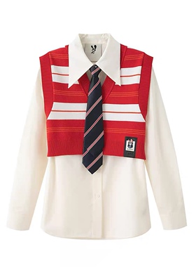 C404 国内单两件套衬衫加针织马甲女秋季新款时尚显瘦学院风