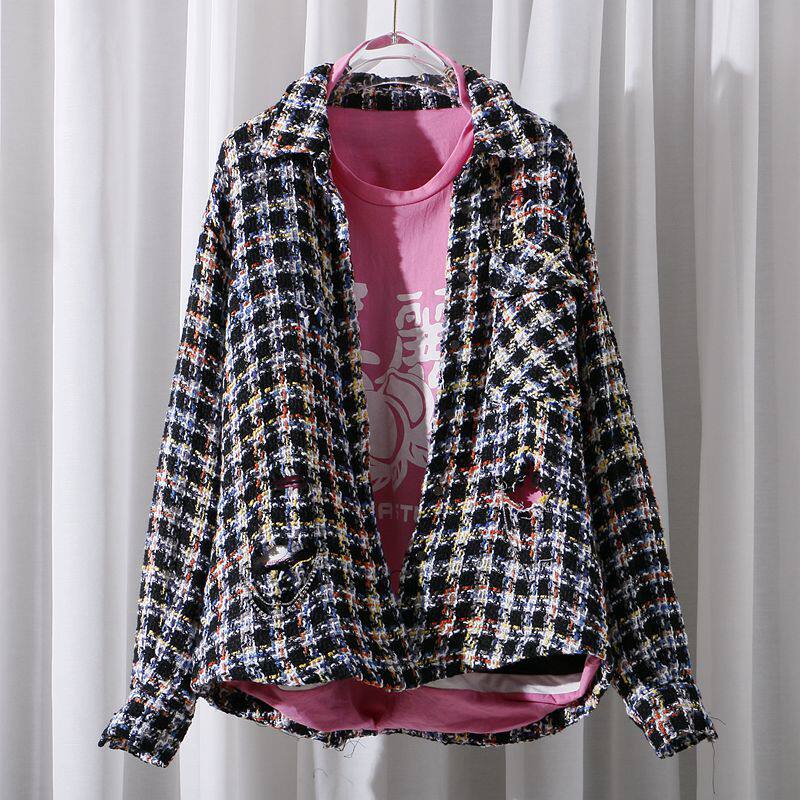 破洞格子粗花呢假两件