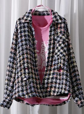 短外套女装春秋季新款时尚破洞格子粗花呢百搭休闲破洞外套B321