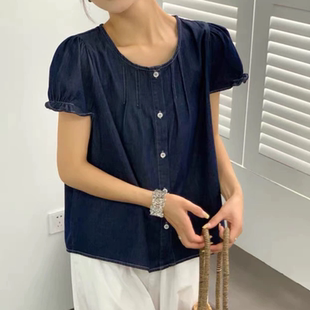 女短款 C122復(fù)古藍(lán)色小飛袖 牛仔襯衫 設(shè)計(jì)感娃娃衫 短袖 上衣