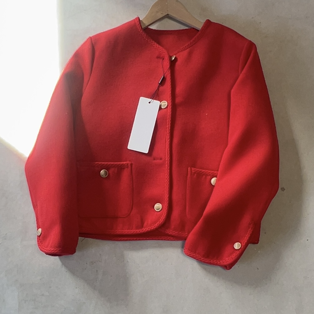 E442伊系！红色呢子外套秋冬新款时尚百搭薄夹棉毛呢外套女