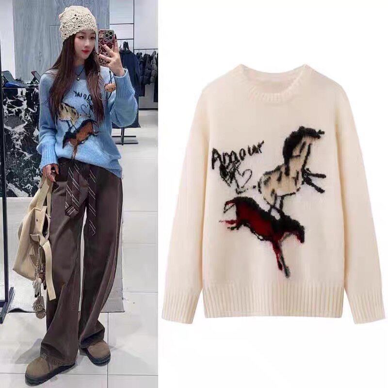 A243马年春新款时尚洋气卡通小马提花宽松套头长袖软糯毛衣