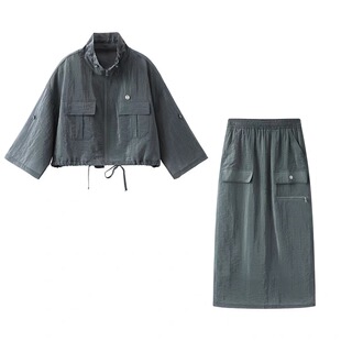 C342春夏季新款时尚百搭宽松显瘦短款工装便服外套半身裙套装 女
