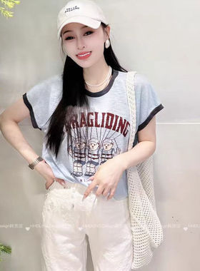 A934夏季新款韩版时尚百搭显瘦重工拼色短袖T恤女上衣潮圆领