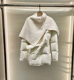 C263冬季新中式独立羊毛针织披肩附腰带宽松设计感2件套羽绒服