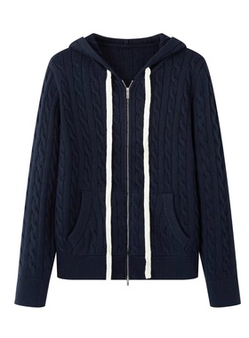 A832新品休闲百搭棉线加厚藏青连帽针织开衫女外