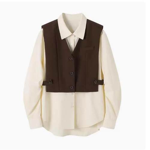 D932春季新款减龄显瘦三件套衬衫马甲衬衣半身裙学院风