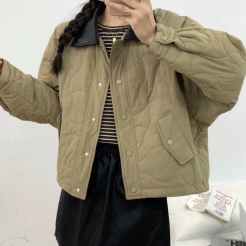 B851画风秋冬季巴恩风双面pu领菱格棉衣女小个子拼色翻领保暖外套