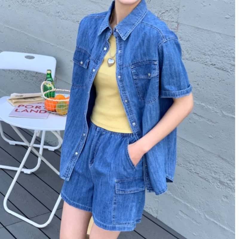 A554短袖牛仔衬衫宽松显瘦阔腿短裤女休闲百搭纯棉工装两件套潮