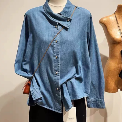 A544不规则翻领牛仔衬衫女新款宽松高级感蓝色洋气小衫上衣