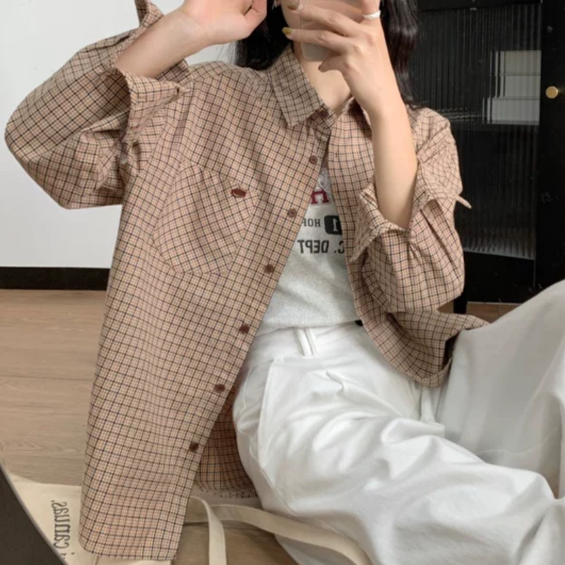 B634秋季新款简约百搭女复古格子休闲全棉衬衫上衣