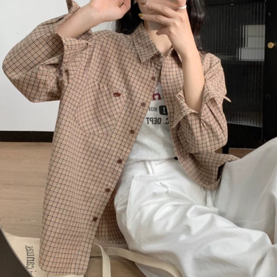 B634秋季新款简约百搭女复古格子休闲全棉衬衫上衣
