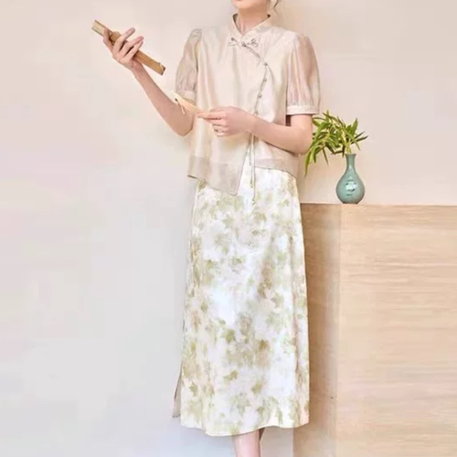 B612新中式国风套装女流苏盘扣立领上衣碎花半身裙两件套