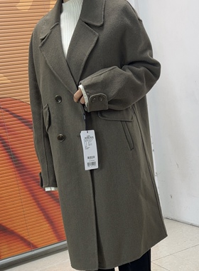 双面呢大衣时尚新款淑女西装领双排扣中长款宽松百搭外套女 D704