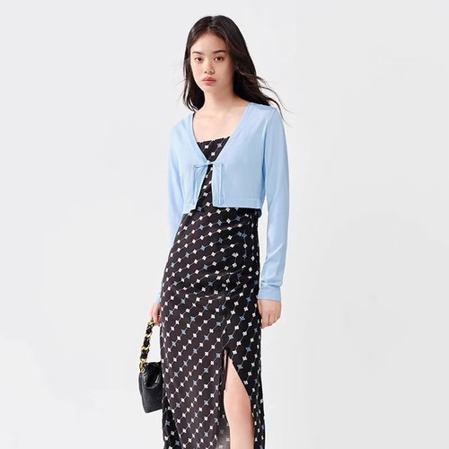 C863春夏季新款新中式国风盘扣优雅开衫+不规则开叉碎花