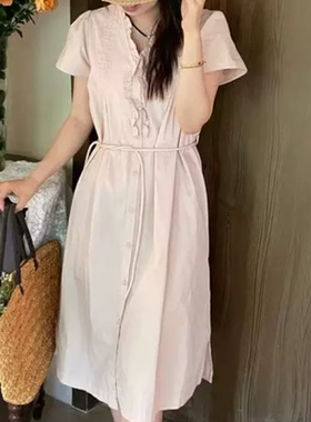 D003夏季上新温柔浪漫木耳边v领泡泡袖法式设计连衣裙女
