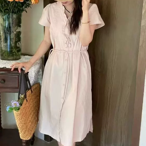 D003夏季上新温柔浪漫木耳边v领泡泡袖法式设计连衣裙女