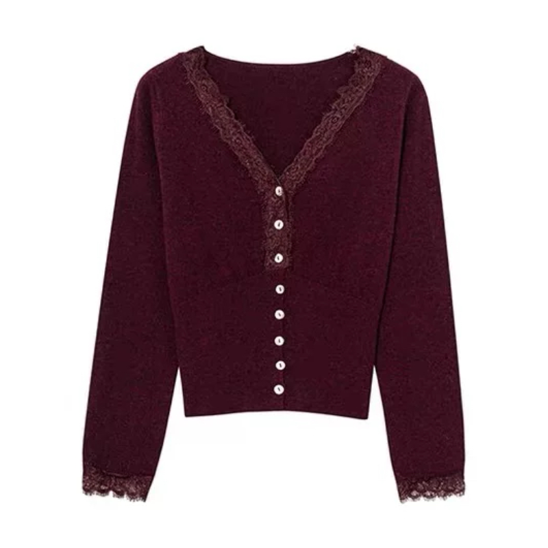 A603毛衣打底洋气深红蕾丝拼接开衫细腻柔软亲肤针织开衫女
