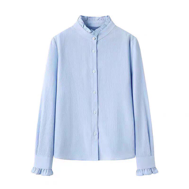 A323气质木耳边领肌理感长袖衬衫女秋冬新款通勤衬衣内搭上衣