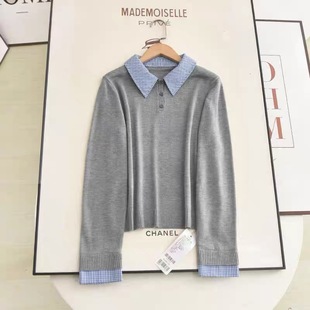 B403秋季 设计感气质撞色POLO领毛衣拼接假两件针织上衣女