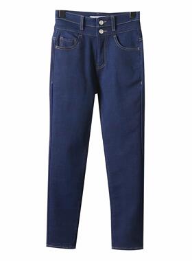 E754加绒牛仔裤 女装冬季新款高腰弹力修身显瘦小脚裤深蓝色紧身