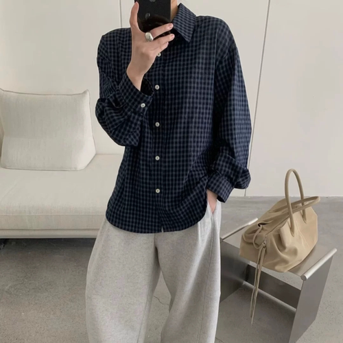 A902 简约小刺绣宽松中长款休闲复古格子长袖衬衫外套女上衣6170