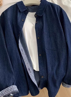 A712复古格子拼接牛仔衬衫外套女秋季小个子宽松日系牛仔棉衬衣