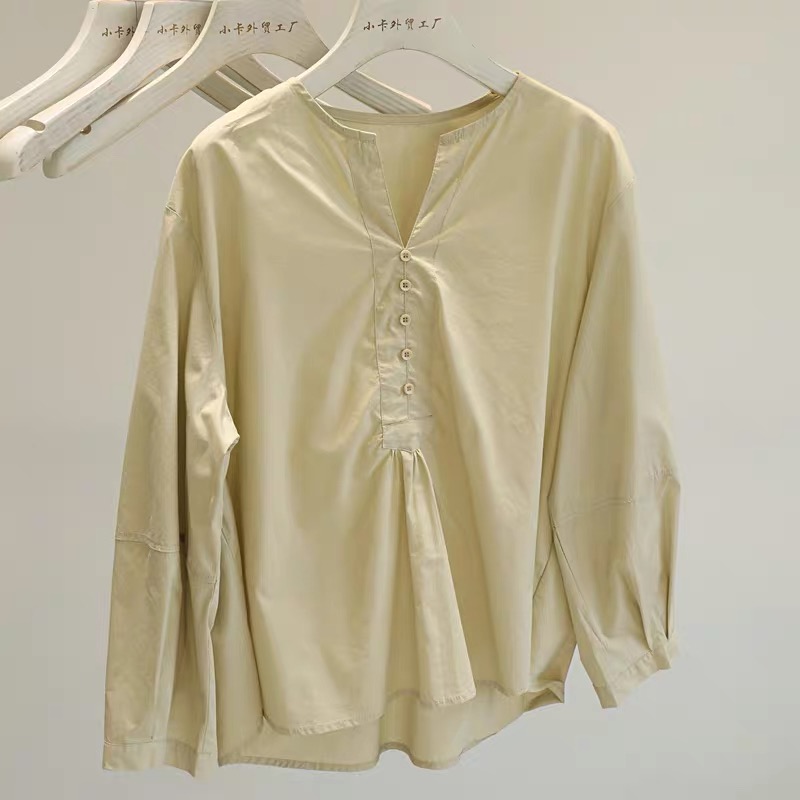 B103韩系穿搭高级感V领套头长袖衬衫女简约棉布宽松百搭上衣