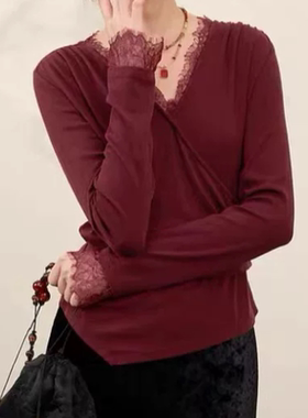 A942彩系の新款甜美减龄新中式蕾丝气质修身显瘦长袖打底衫女