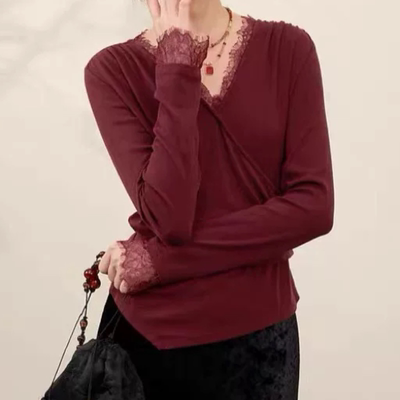 A942彩系の新款甜美减龄新中式蕾丝气质修身显瘦长袖打底衫女
