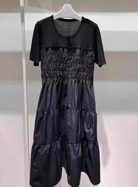 E222 T恤拼接连衣裙 时尚新款松紧褶皱拼接设计感A字假两件蛋糕裙