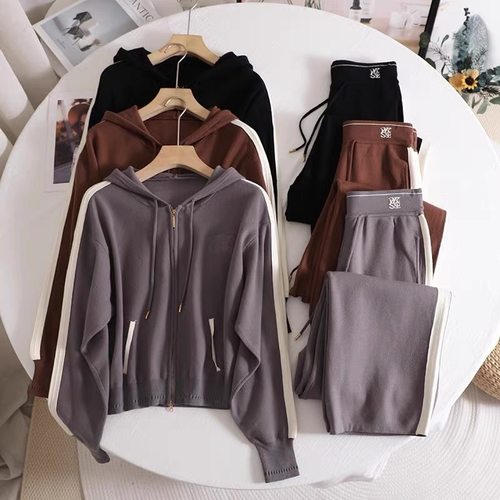 A762鸟系列新款时尚不起球套装休闲撞色连帽拉链开衫阔腿长裤套装