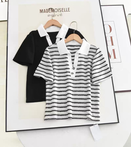 B363春夏时尚气质polo领撞色条纹休闲百搭正肩显瘦短袖T恤