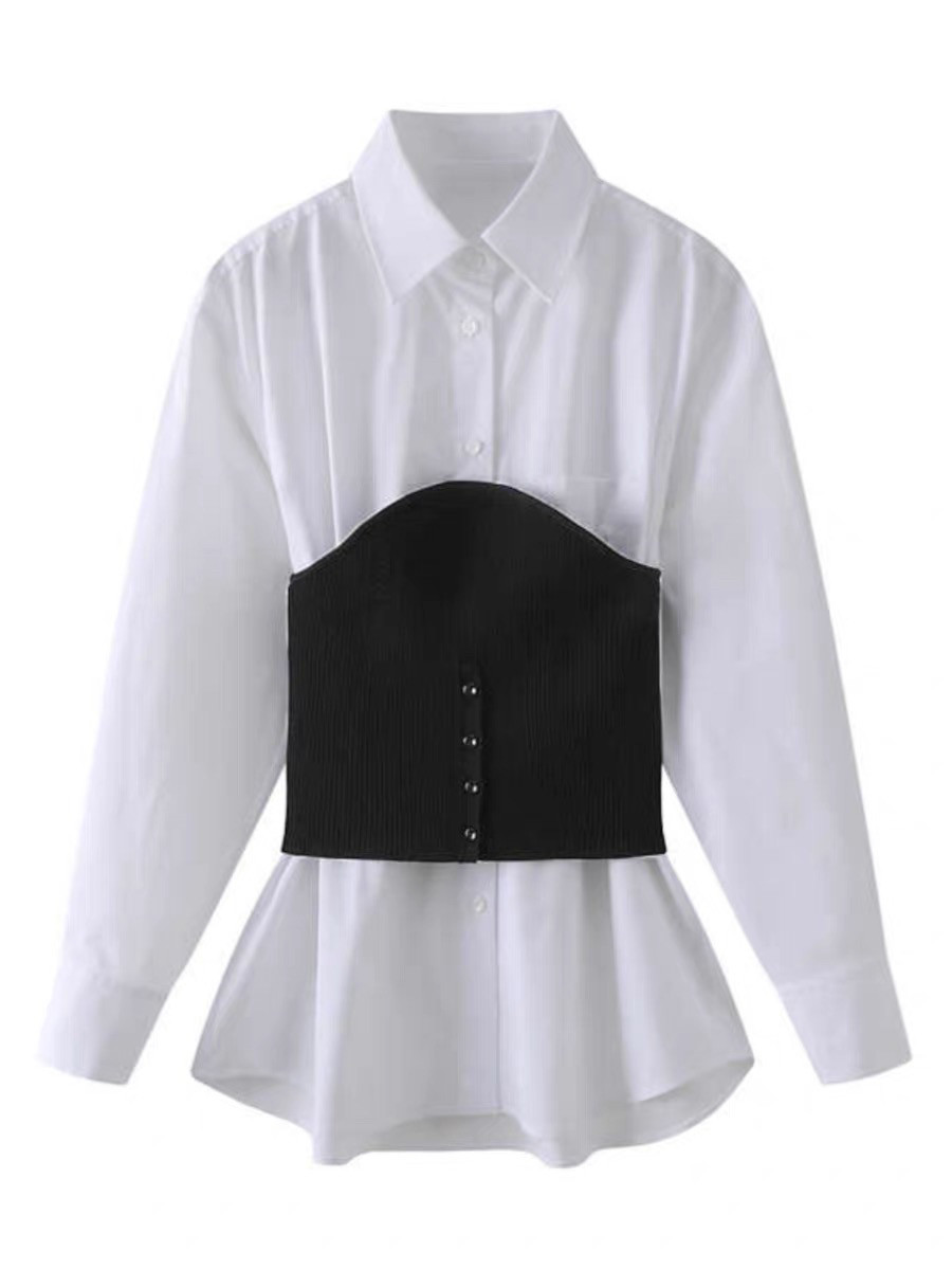 E233 春新款百搭休闲黑色针织收腰翻领衬衫两件套上衣女0.36